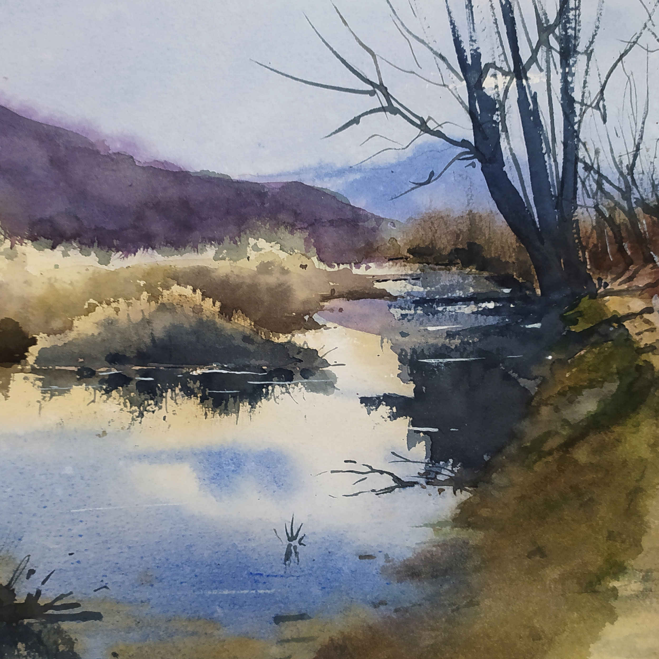 Original realistische Kunstmalerei – Aquarell auf Karton, Landschaft