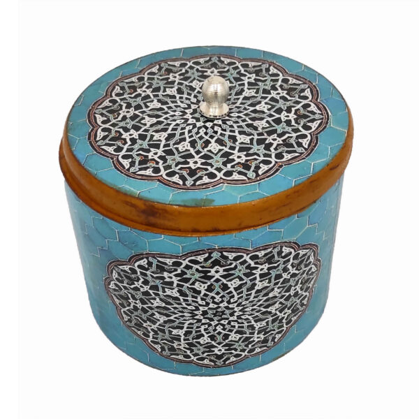 Handgefertigte Holz-Zuckerschale mit Deckel und Künstlerischem Persischen Mandala Blau Design