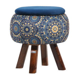 Runder Samt-Hocker mit Holzbeinen, inspiriert von persischer Kunst, Blau Ghaem