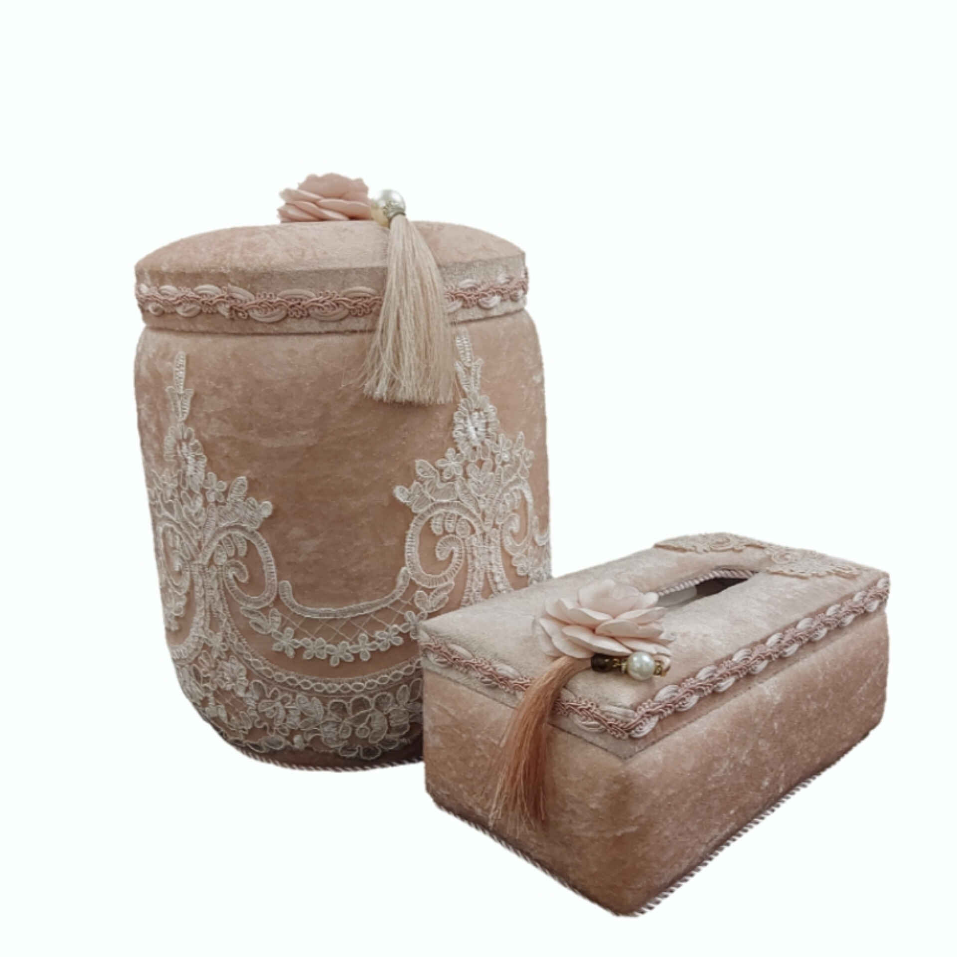 Velours-Abfalleimer- und Taschentuchbox-Set mit Quaste
