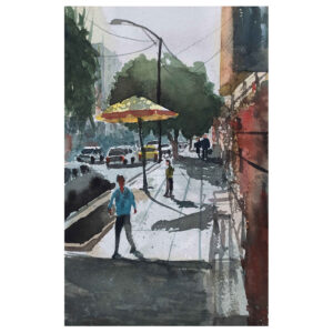 Original realistische Kunstmalerei – Aquarell auf Karton, Teheran Straße von Bijan Ghahramani