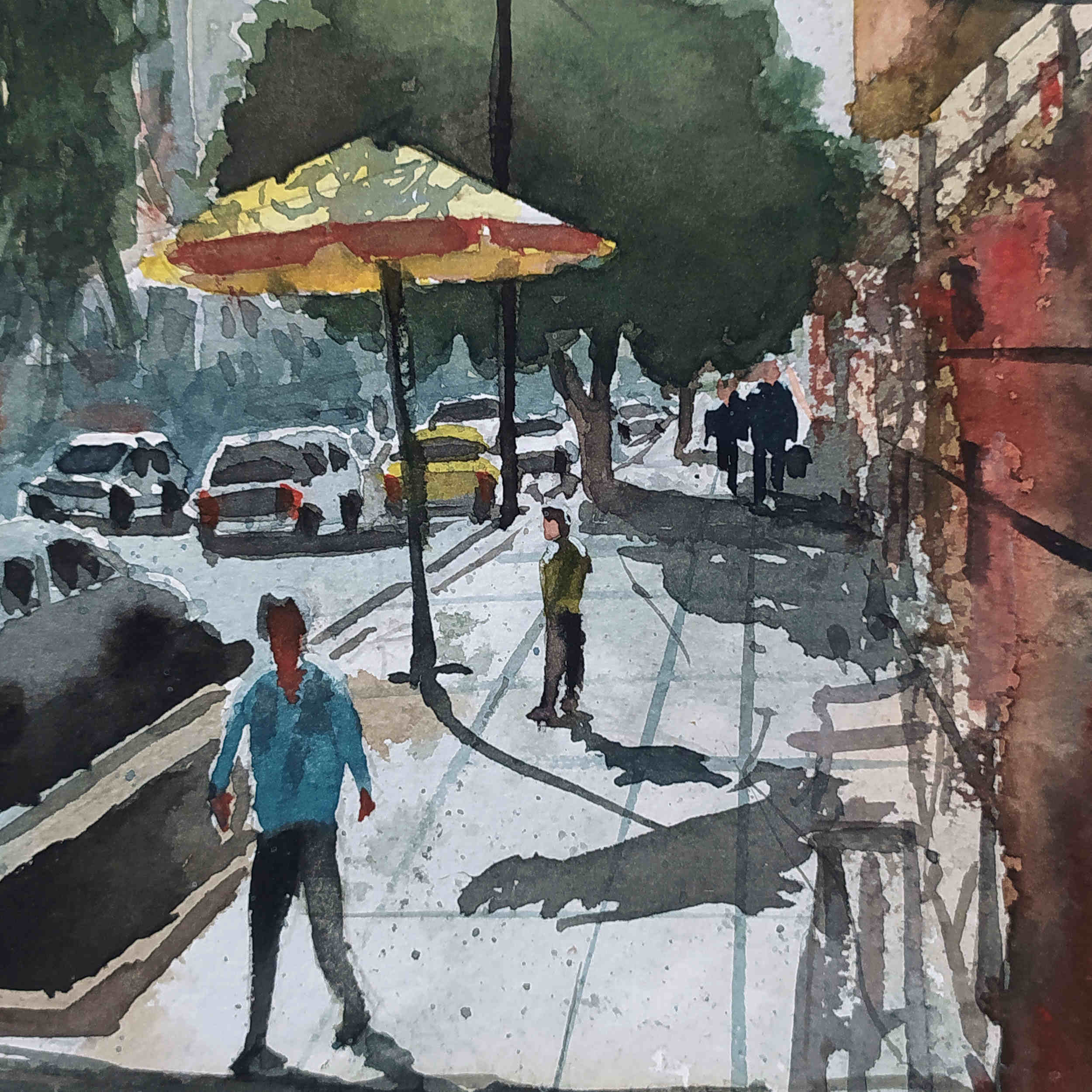 Original realistische Kunstmalerei – Aquarell auf Karton, Teheran Straße von Bijan Ghahramani