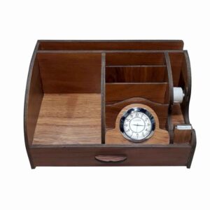 Holz-Schreibtisch-Organizer mit eingebauter Uhr