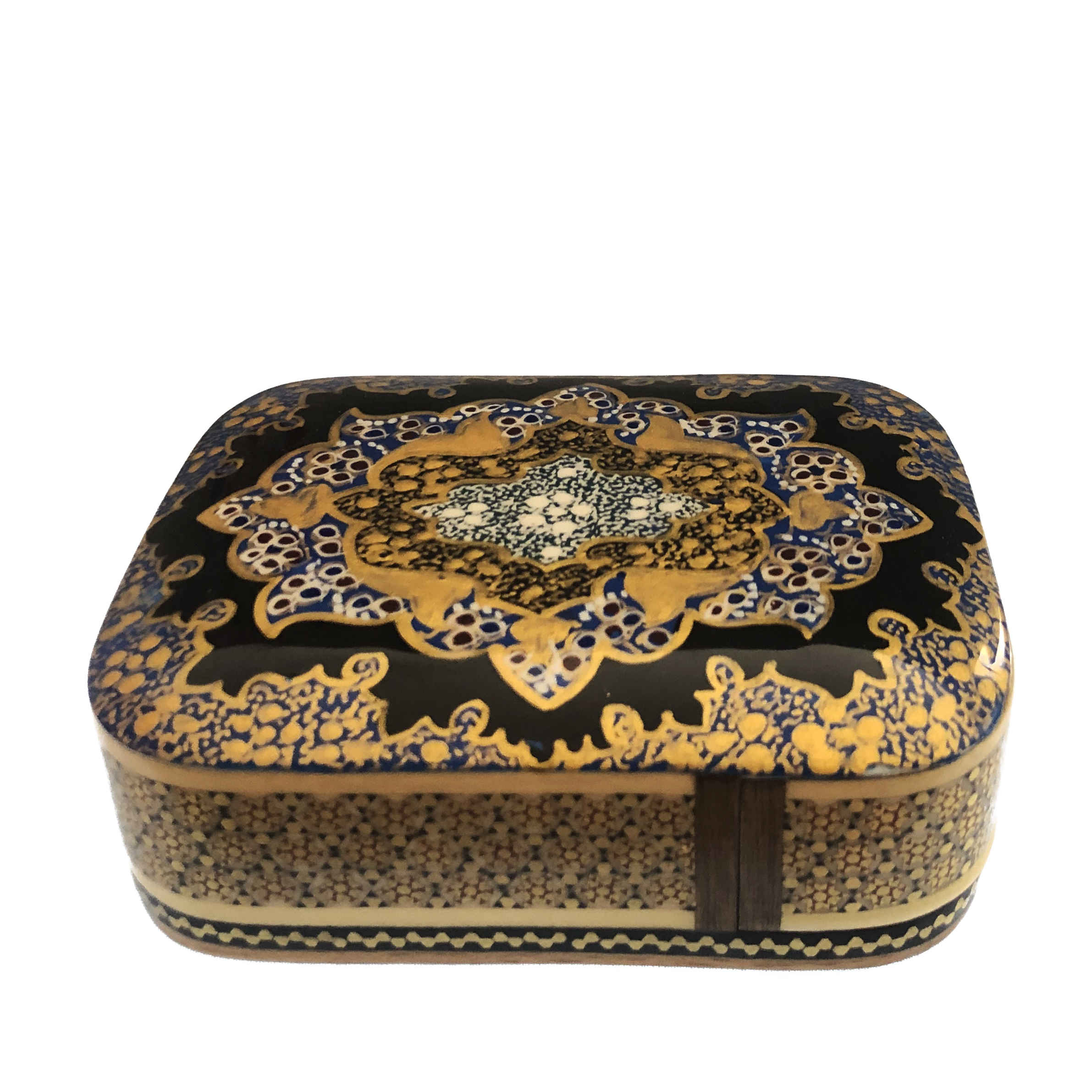 Persische Holz-Spielkarten-Aufbewahrungsbox – Khatam Emaille Hasti