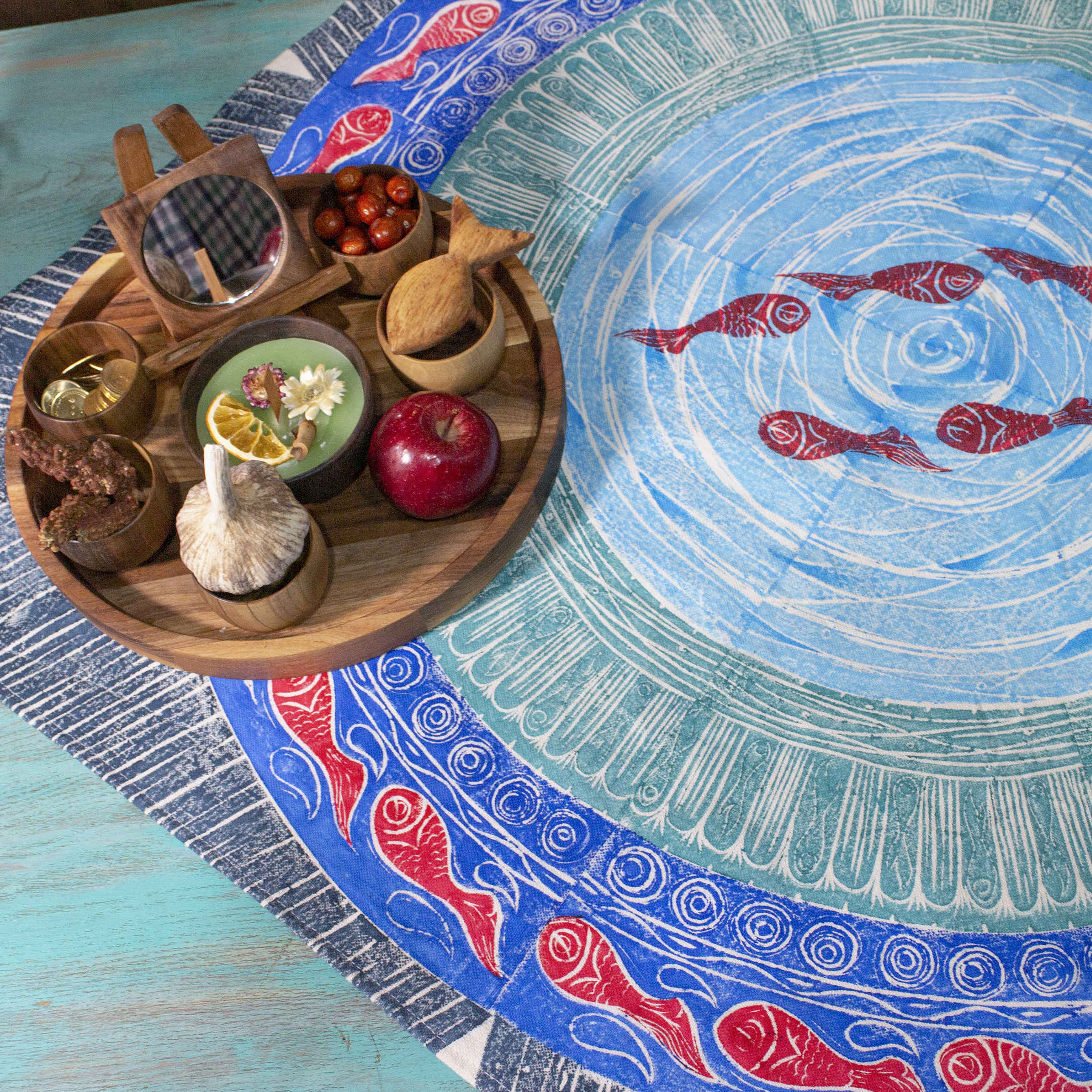 Baumwoll-Tischdecke im Persischen Fischteich Traditionelles Design für 4 Personen