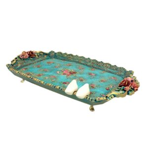 Dekoratives Polyester-Tablett mit Füßen und Vogel- und Blumendesign in Türkis