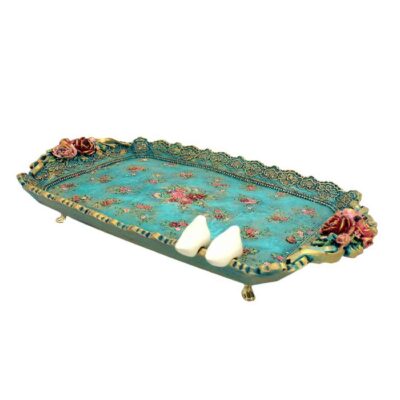Dekoratives Polyester-Tablett mit Füßen und Vogel- und Blumendesign in Türkis