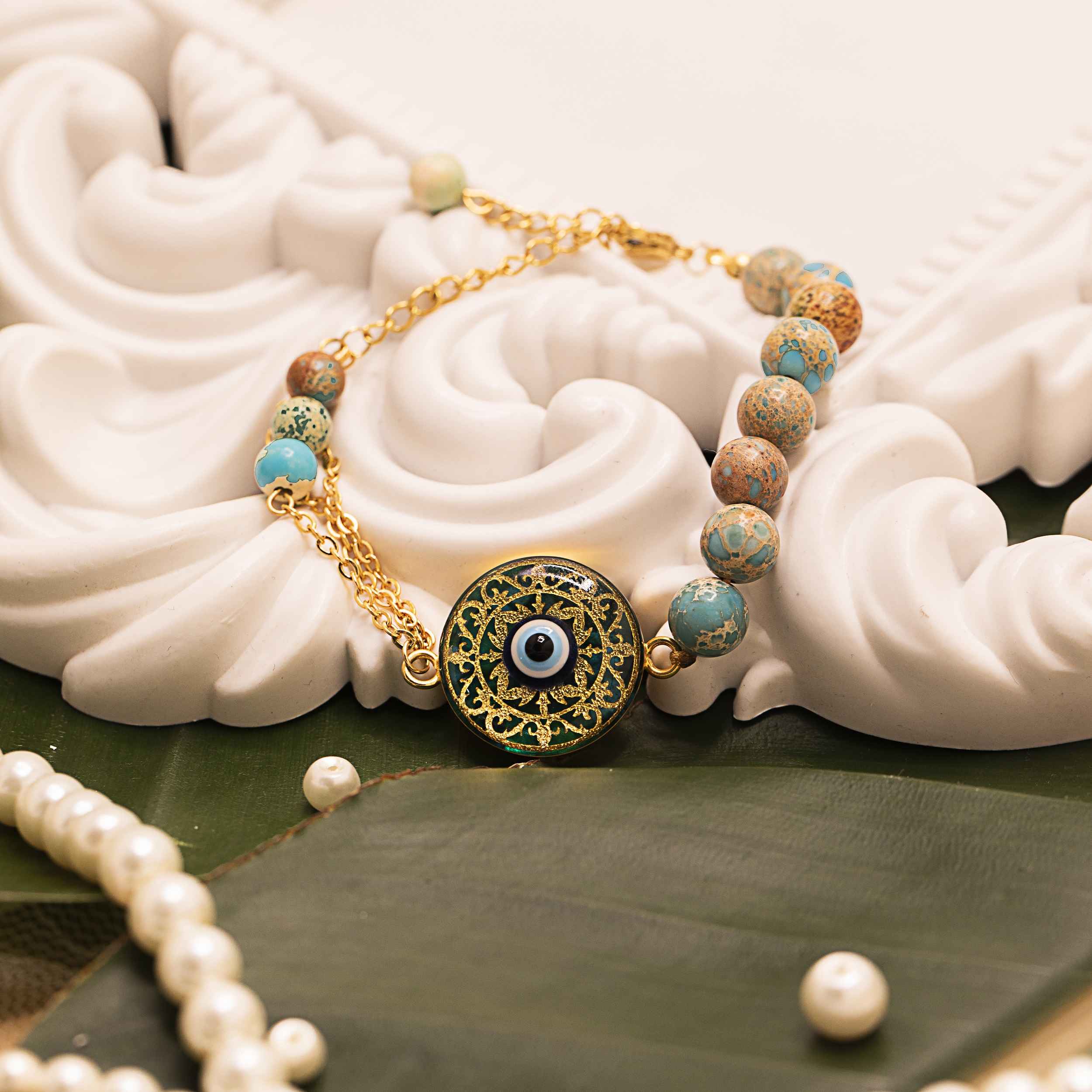 Persisches Stahl-Perlenarmband für Damen – Türkis Böses Auge