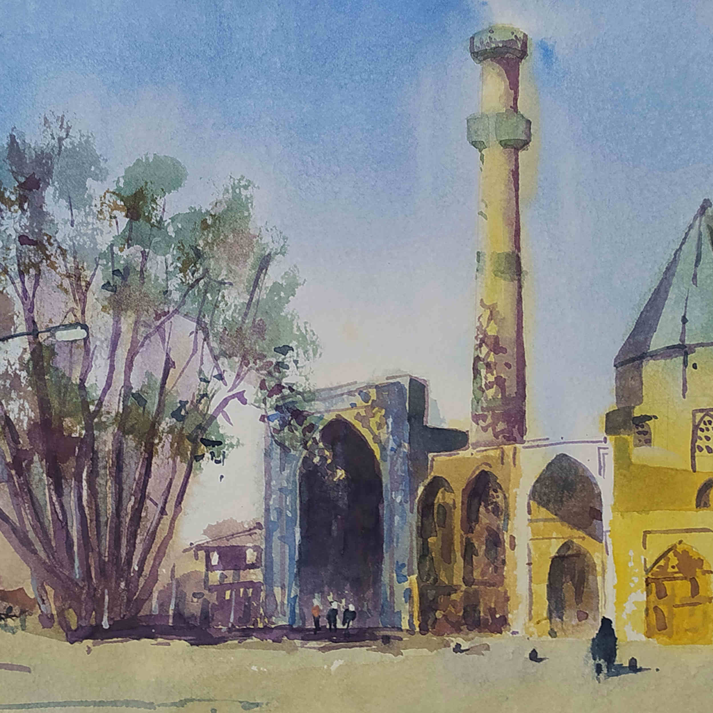 Original realistische Kunstmalerei – Aquarell auf Karton, Jameh Moschee von Bijan Ghahramani