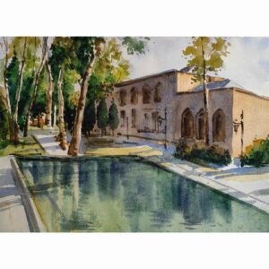 Original realistische Kunstmalerei – Aquarell auf Karton, persische Architektur