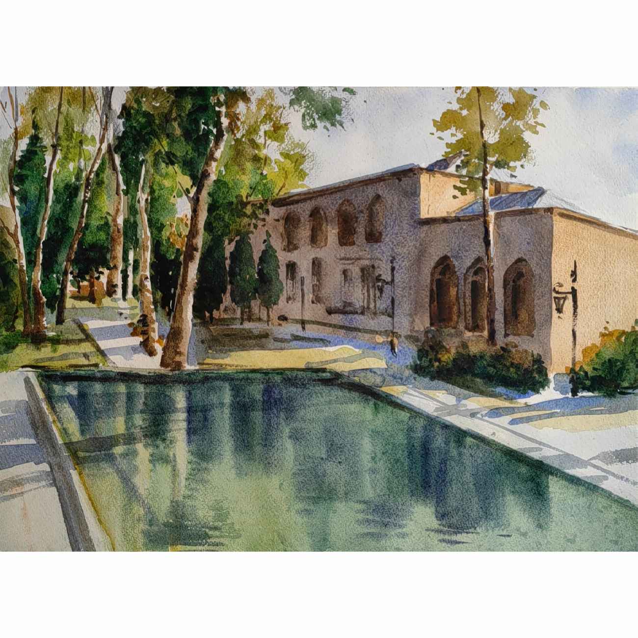 Original realistische Kunstmalerei - Aquarell auf Karton, persische Architektur