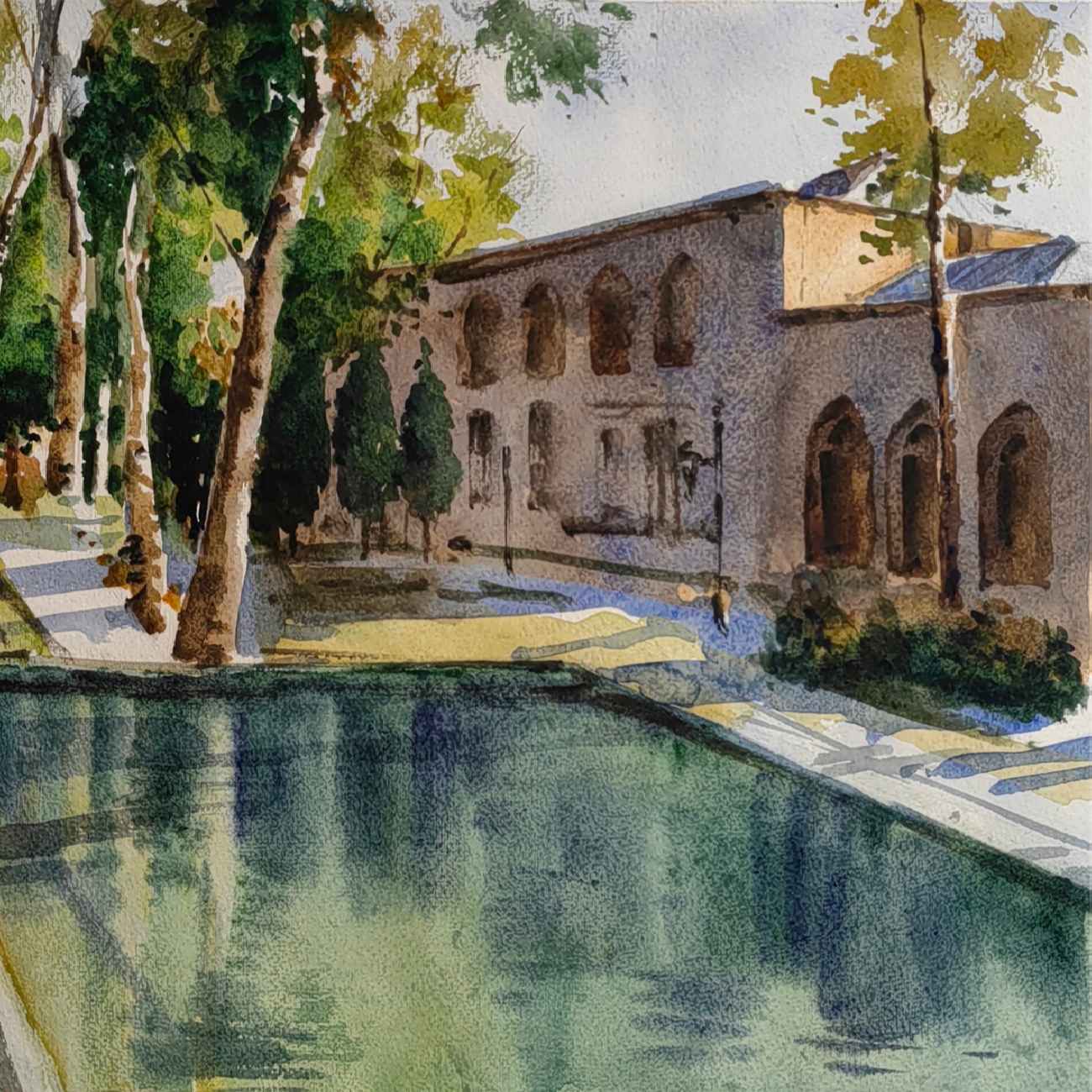 Original realistische Kunstmalerei – Aquarell auf Karton, persische Architektur