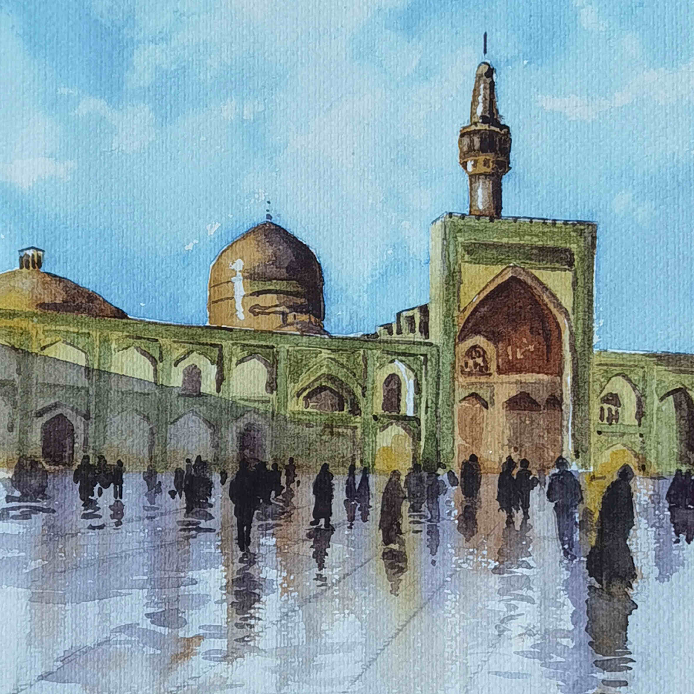 Original realistische Kunstmalerei – Aquarell auf Karton, Imam Reza’s Heiligtum
