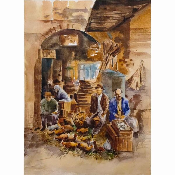 Original realistische Kunstmalerei - Aquarell auf Karton, Rasht Grand Bazaar