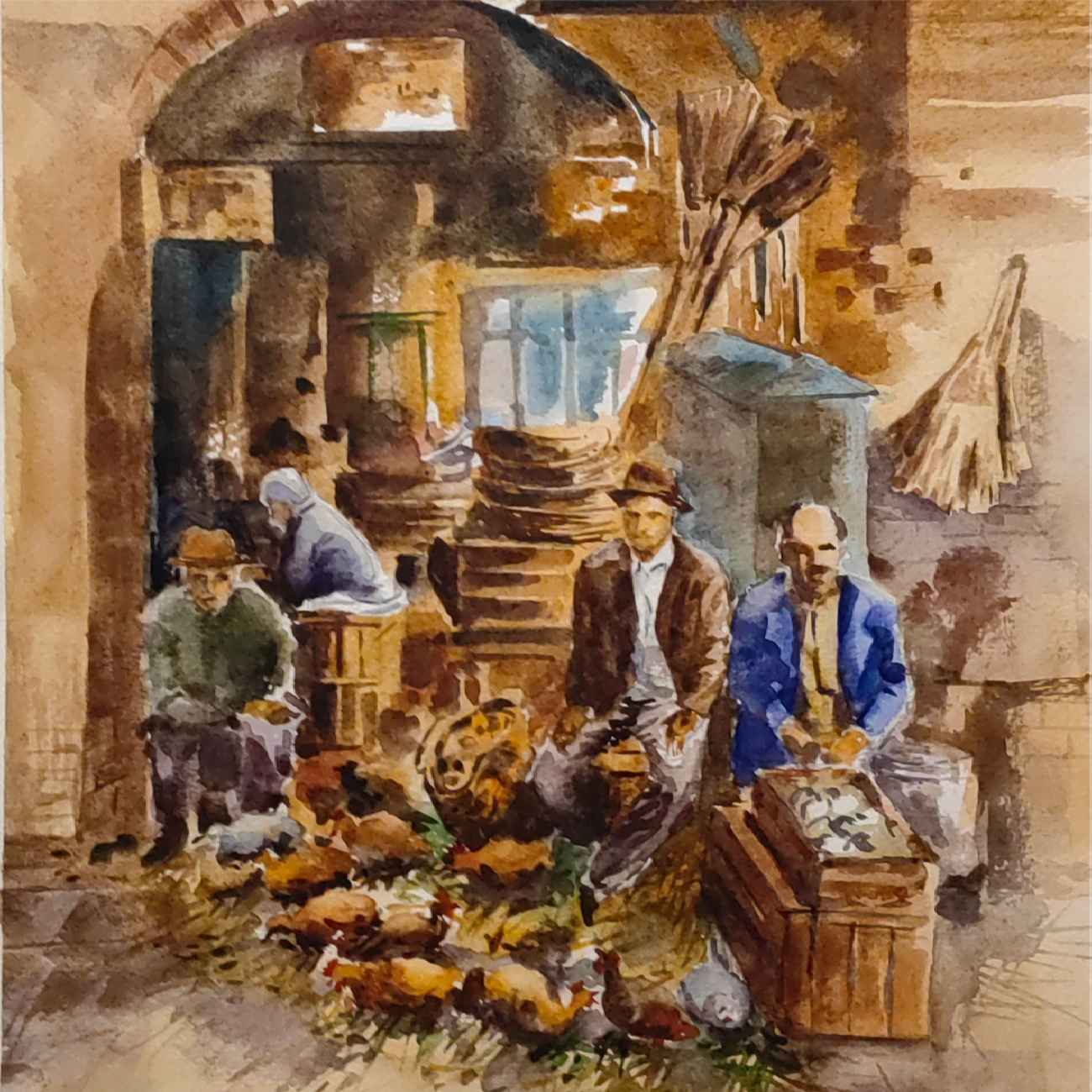 Original realistische Kunstmalerei – Aquarell auf Karton, Rasht Grand Bazaar