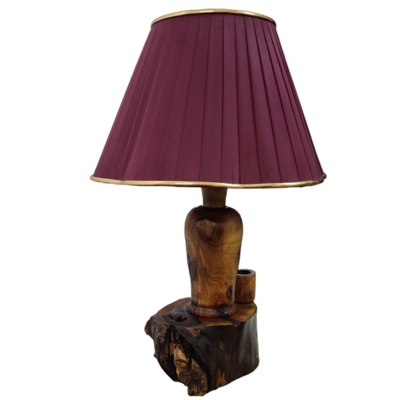 Rustikale Holz-Tischlampe Natürlich Handgefertigt mit Stoff-Lampenschirm