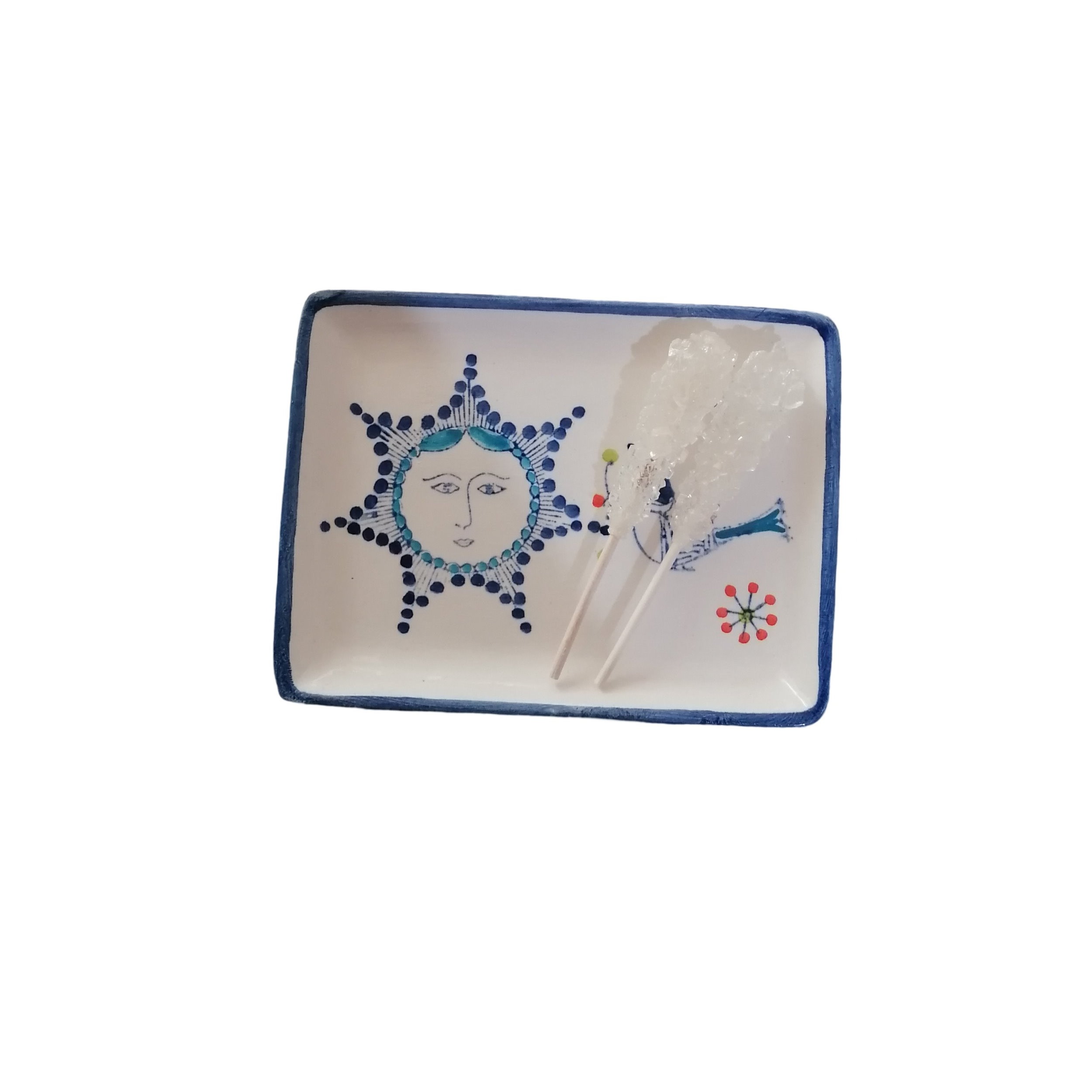 Künstlerisches Serviertablett aus Keramik, handbemalt mit Vogel- und Sonnendesign