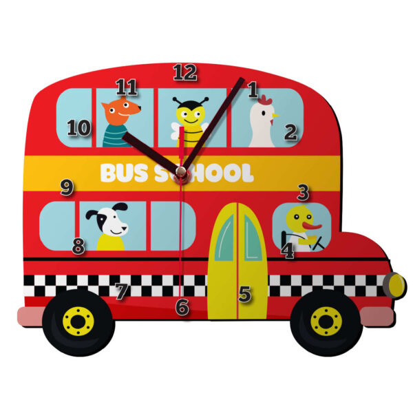 Holzwanduhr für Kinderzimmer mit Design "Tierschulbus"