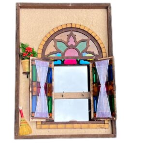 Handgefertigter persischer Holz-Wand-Schlüsselhalter im traditionellen Stil mit Hüttensprossenfenster