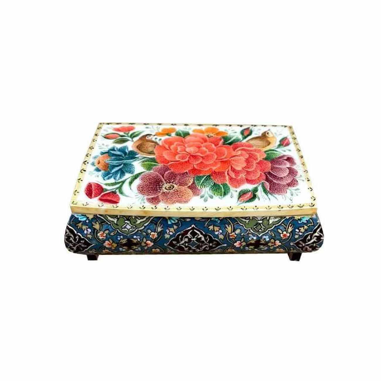 Handgefertigte Knochen-Schmuckbox mit persisch inspiriertem Blumen- & Vogel-Design