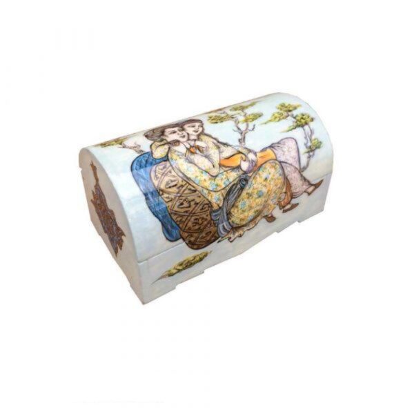 Handgefertigte Knochen-Schmuckbox mit persisch inspiriertem Leyli & Majnoon-Design
