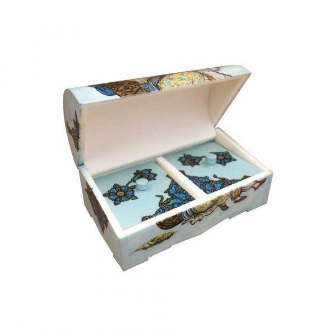 Handgefertigte Knochen-Schmuckbox mit persisch inspiriertem Leyli & Majnoon-Design