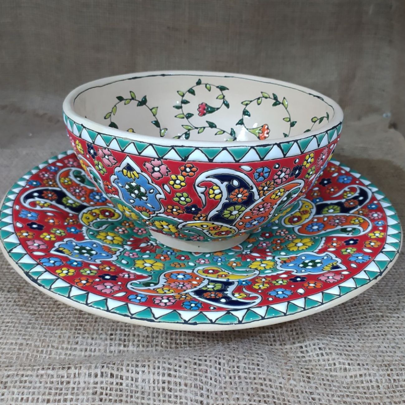 Dekorative Persische Minakari Töpfer-Schale & Teller Set Handgefertigte Emaille Modell Mona