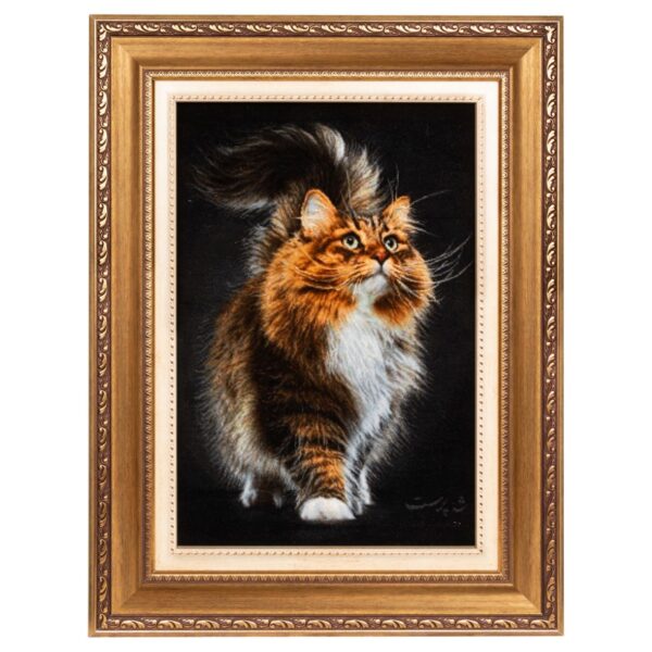 Handgeknüpfter persischer Bildteppich aus Tabriz, der eine Katze darstellt