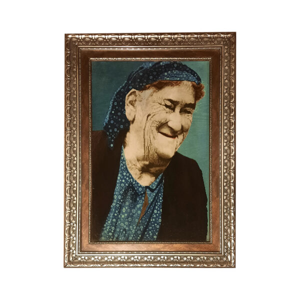 Handgeknüpfter persischer Bildteppich aus Tabriz, der eine alte Frau darstellt