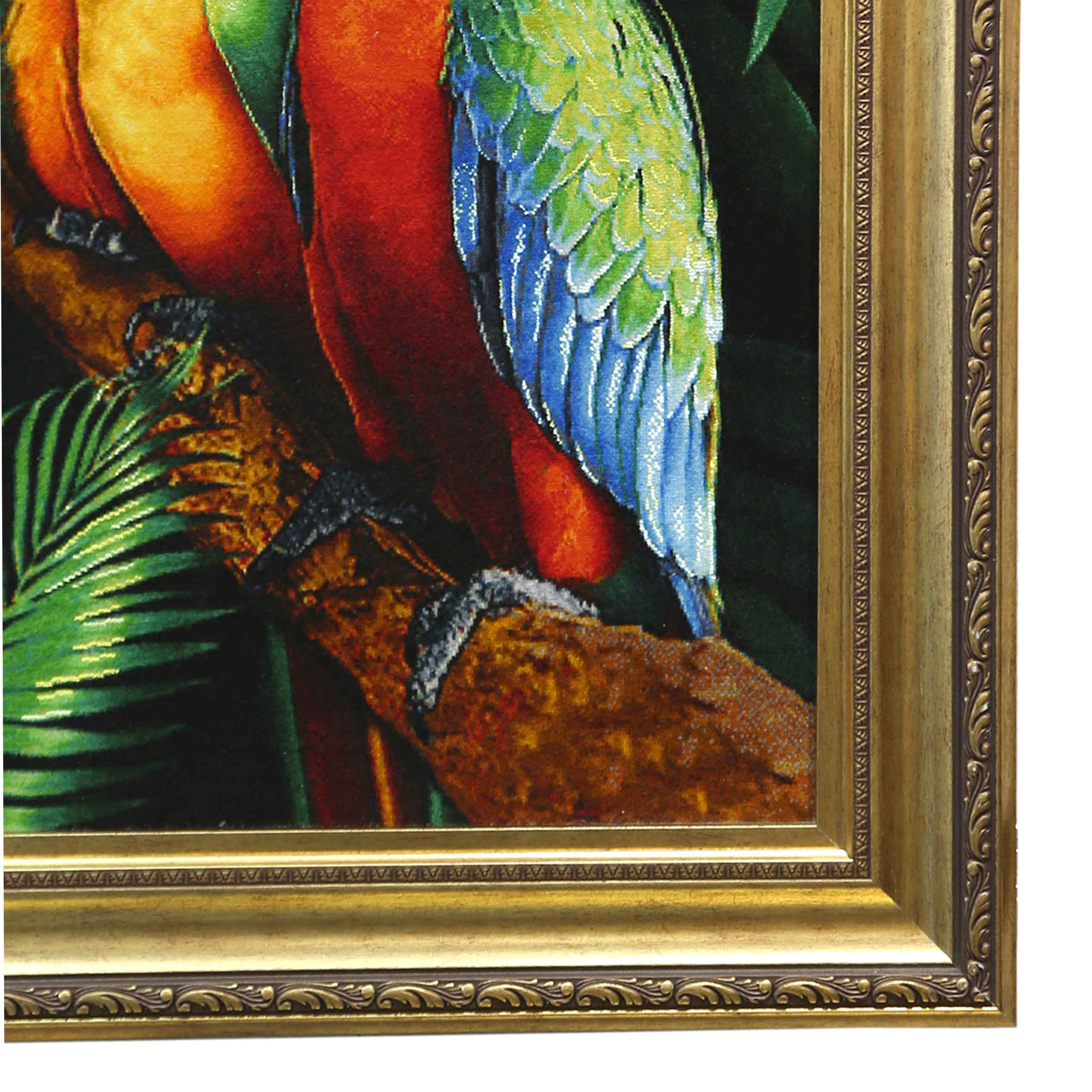 Handgeknüpfter persischer Seidenbildteppich aus Tabriz, der zwei Papageien im Dschungel darstellt