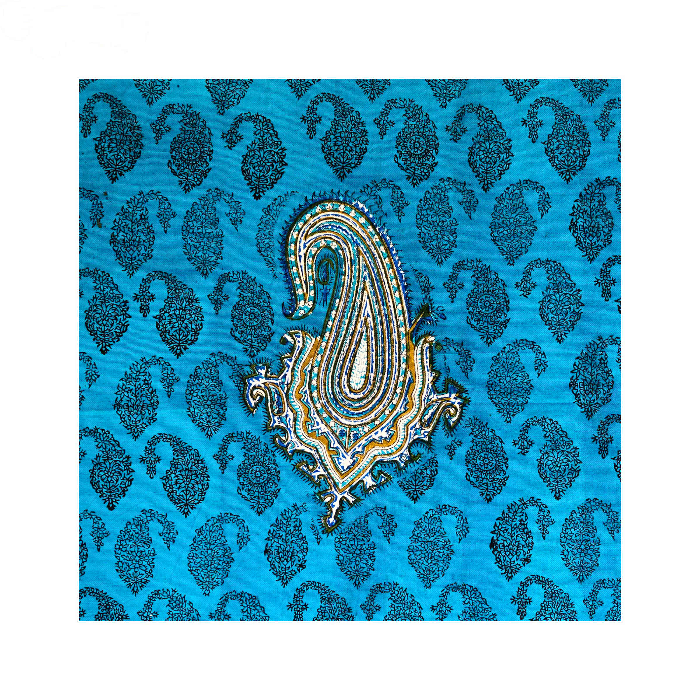 Iranische Tischdecke Blockdruck Ghalamkari aus Isfahan Paisley Blau 4-Sitzer