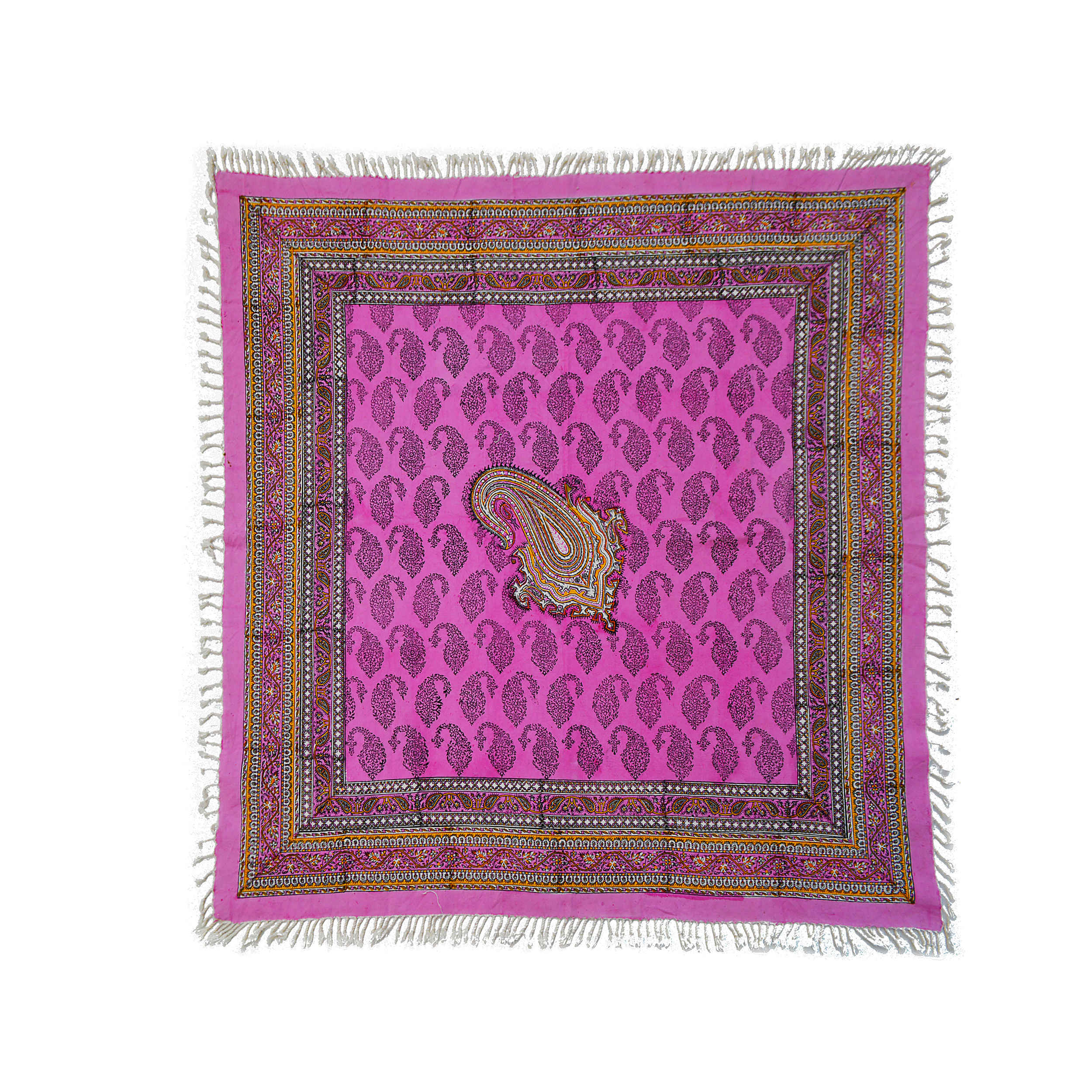 Iranische Tischdecke mit Ghalamkari-Blockdruck aus Isfahan – Paisley-Muster in Rosa für vier Personen