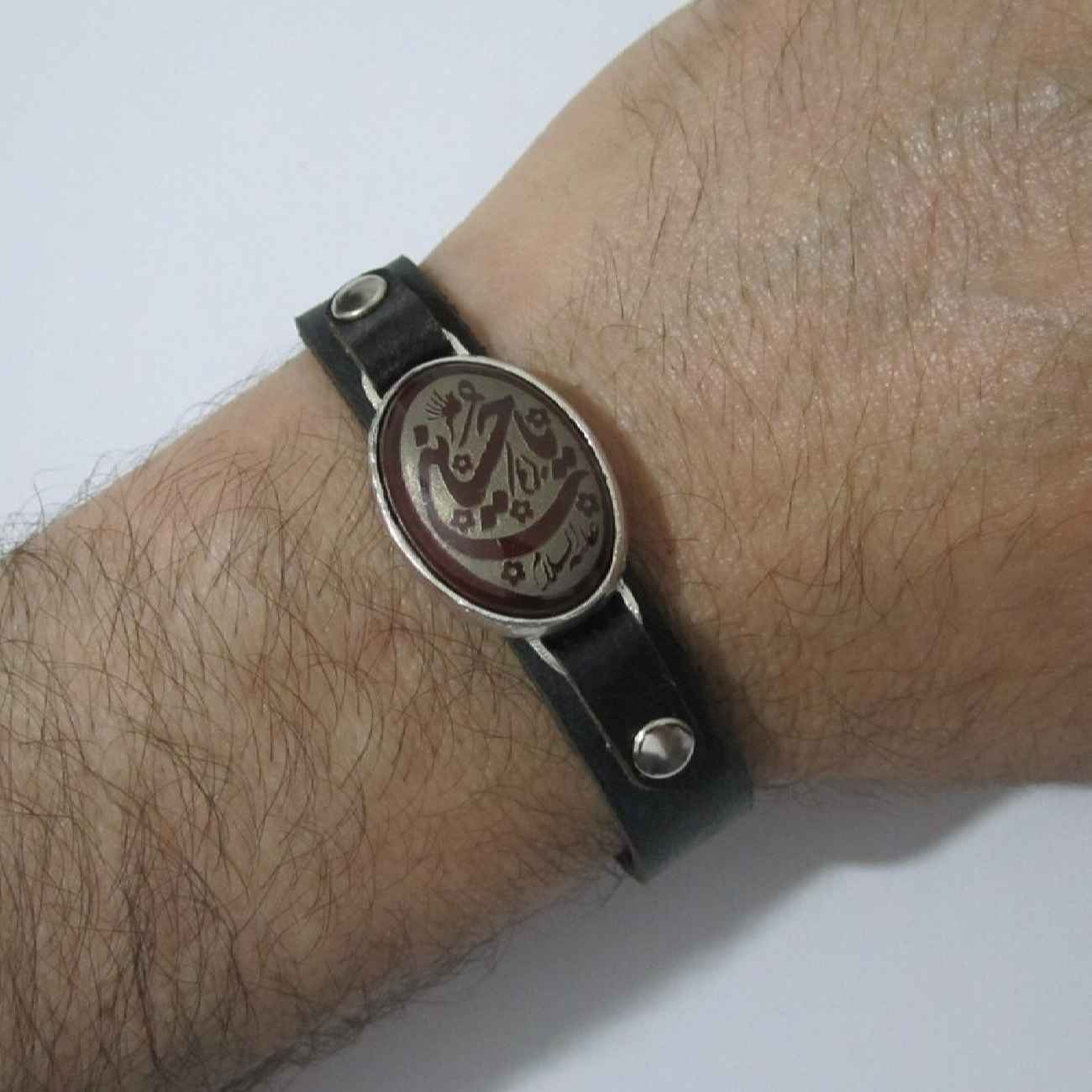 Islamisches Lederarmband mit Achatstein & Ya Hussain Kalligraphie