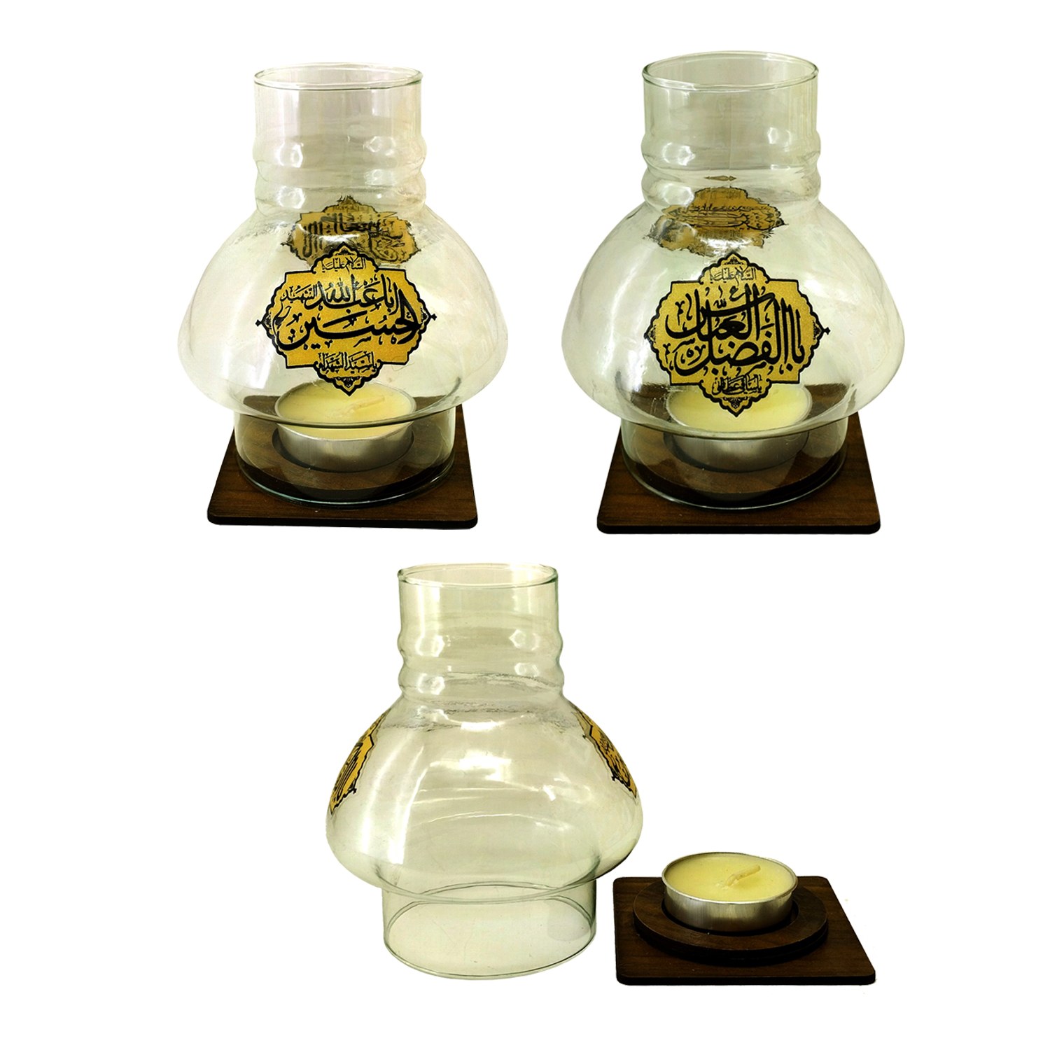 Islamischer Tisch-Kerzenhalter mit Holzbasis im Ya Abalfazl Design