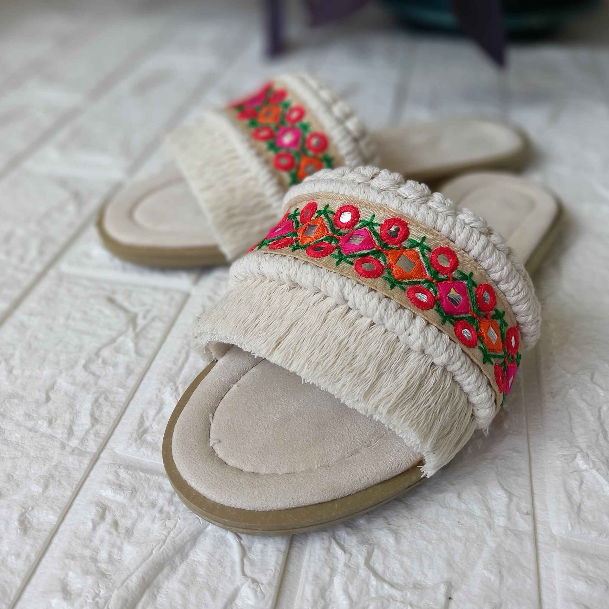 Macrame Boho Chic Flache Hausschuhe Handgemacht Modell Bestickt