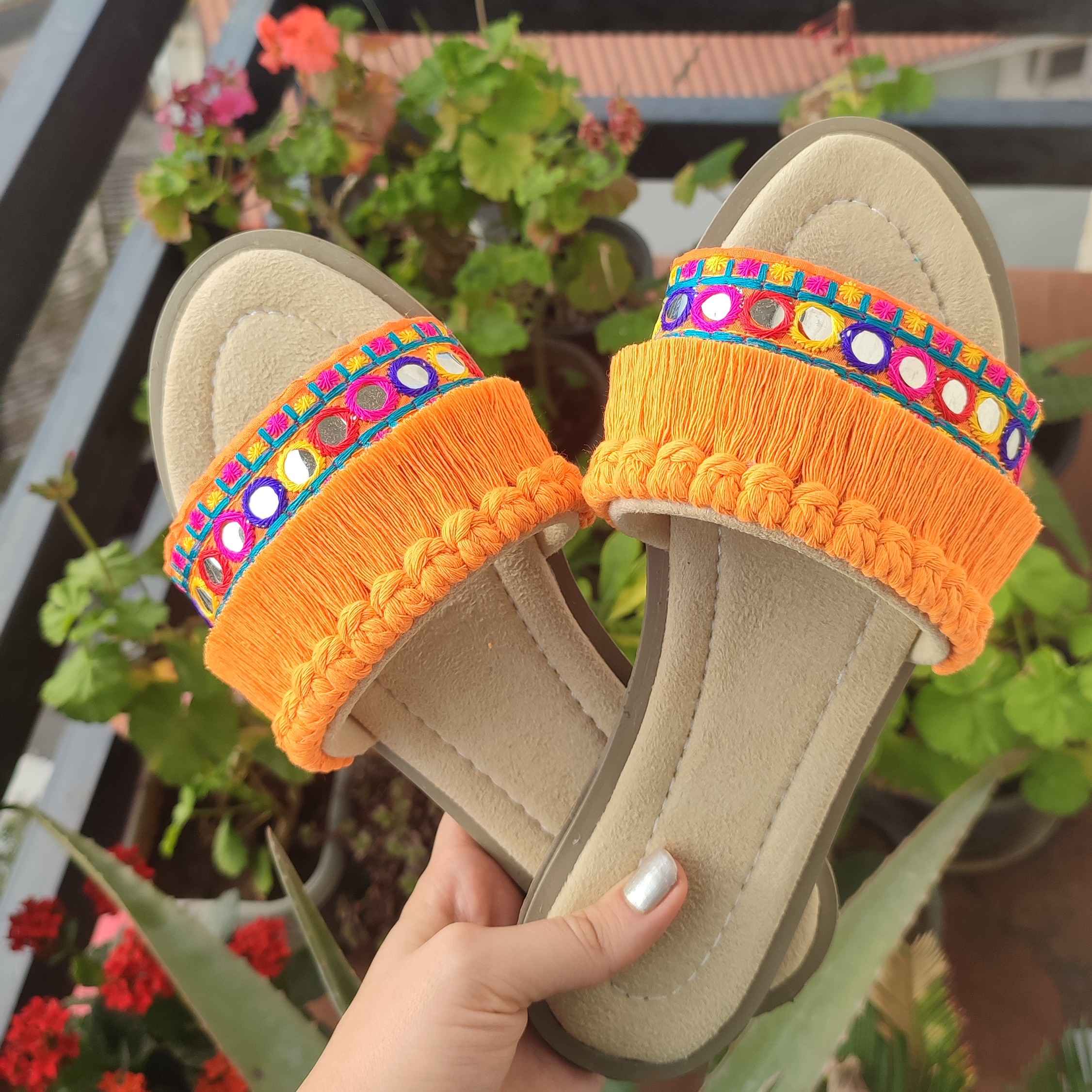 Macrame Boho Chic Flache Hausschuhe für Damen Modell Geometrisch Bestickt