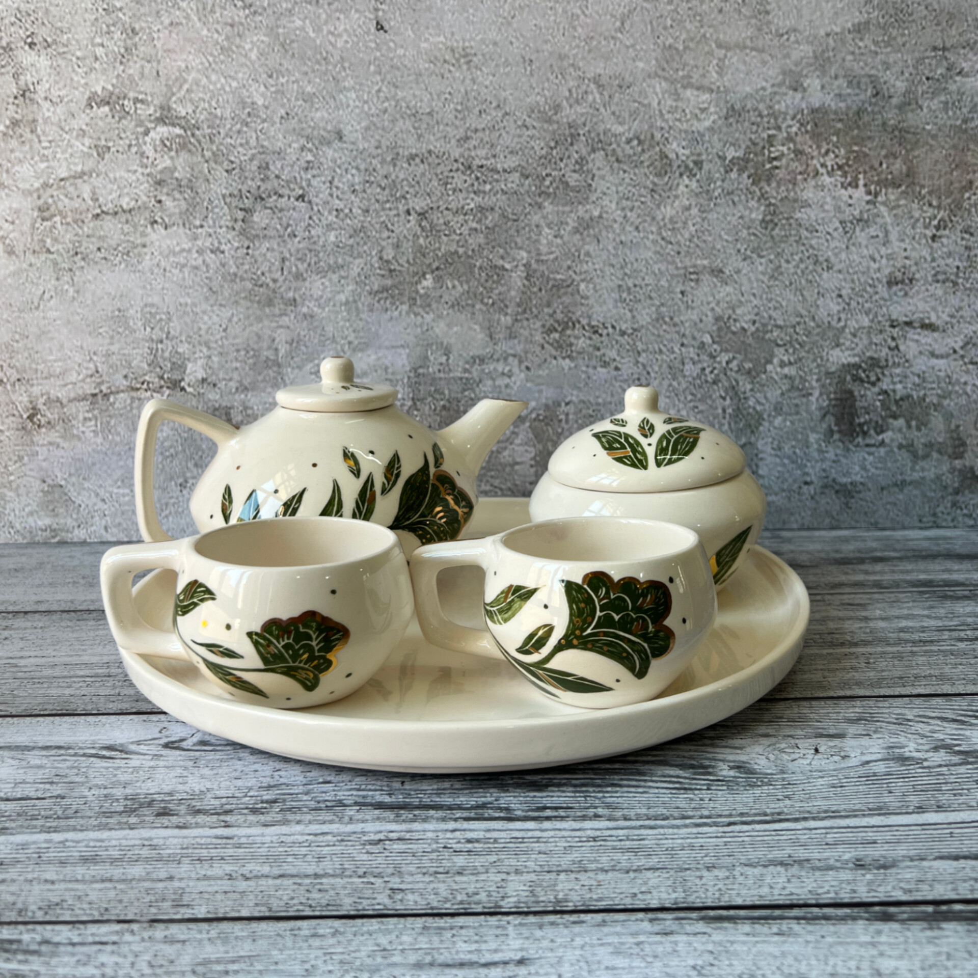 Viktorianisches Tee- und Kaffeeservice aus Keramik mit grünem Blumendesign