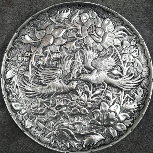 Persischer dekorativer Kupferteller handgraviert mit Vögeln & Blumen