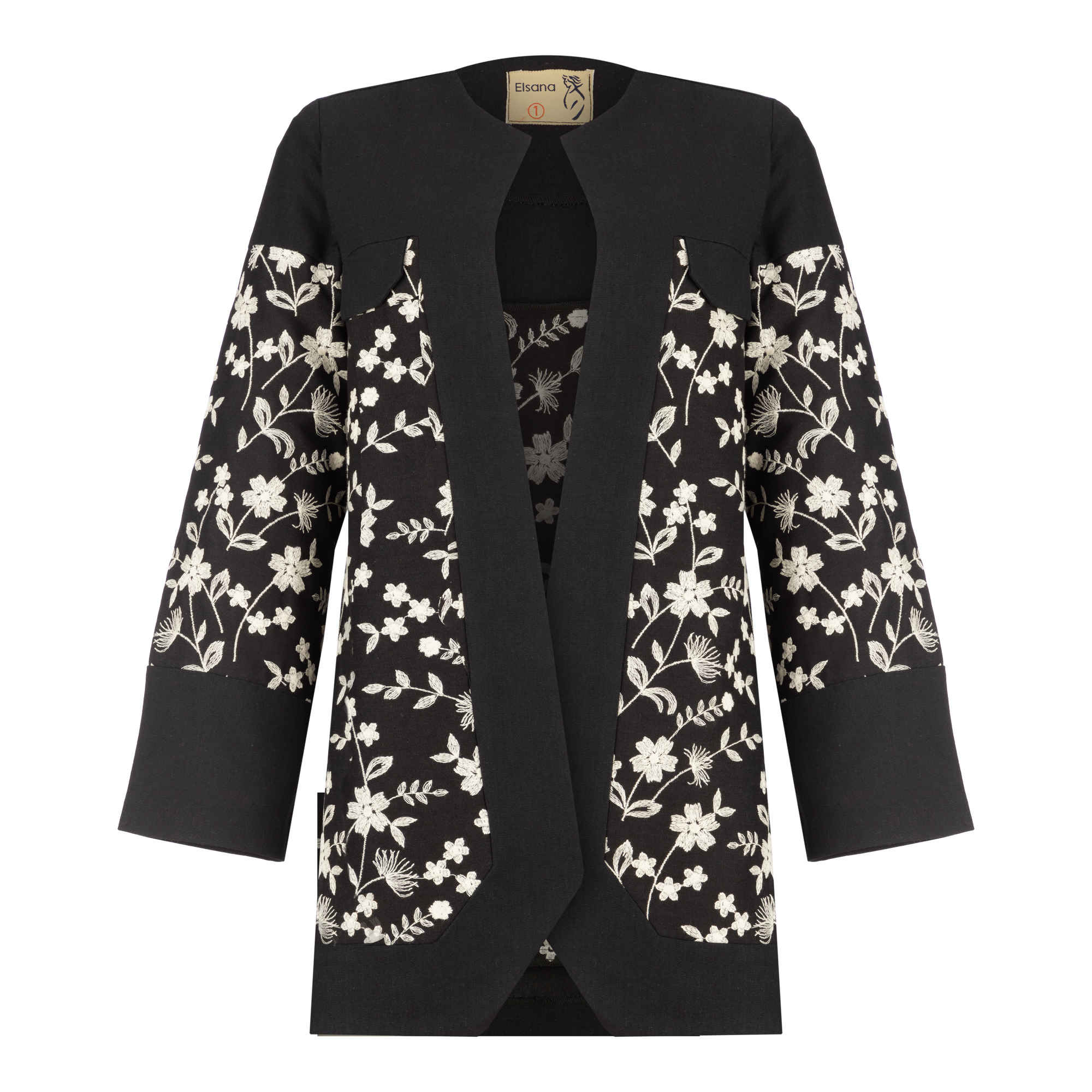 Persischer bestickter Manto mit floralem Design für Frauen in Schwarz