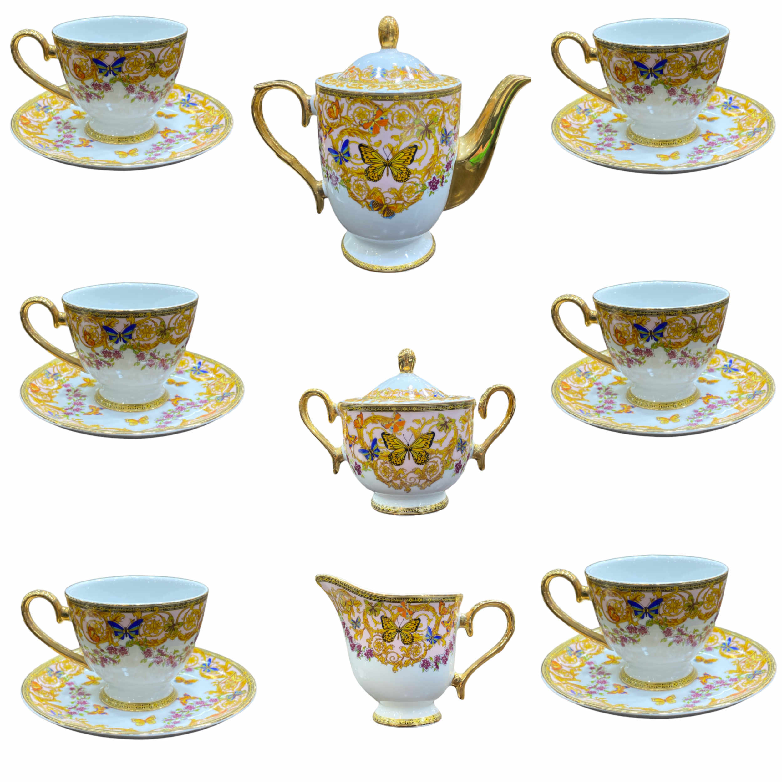 Viktorianisches Porzellan-Teeservice mit Schmetterlings- und Blumenmuster, Teekanne und Untertasse