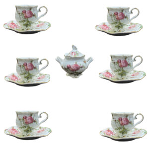 Viktorianisches Porzellan-Teeservice mit Blumenmuster, Teekanne und Untertasse