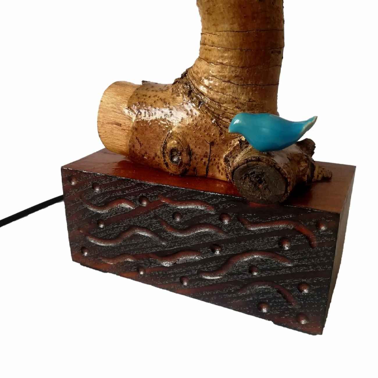 Rustikale Holz-Tischlampe Natürlich Handgefertigt mit Vogel-Design