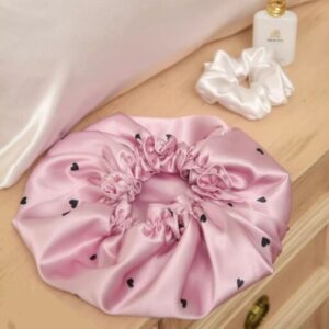 Seiden-Satin Schlafmütze für Haarschutz mit Herzdesign in Pink