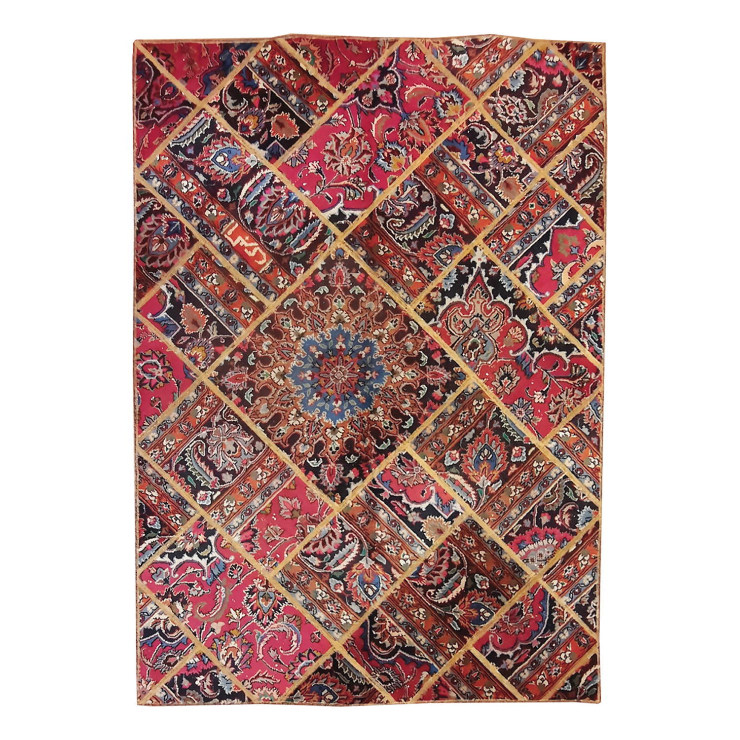 Vintage persischer handgeknüpfter Patchwork-Teppich magenta