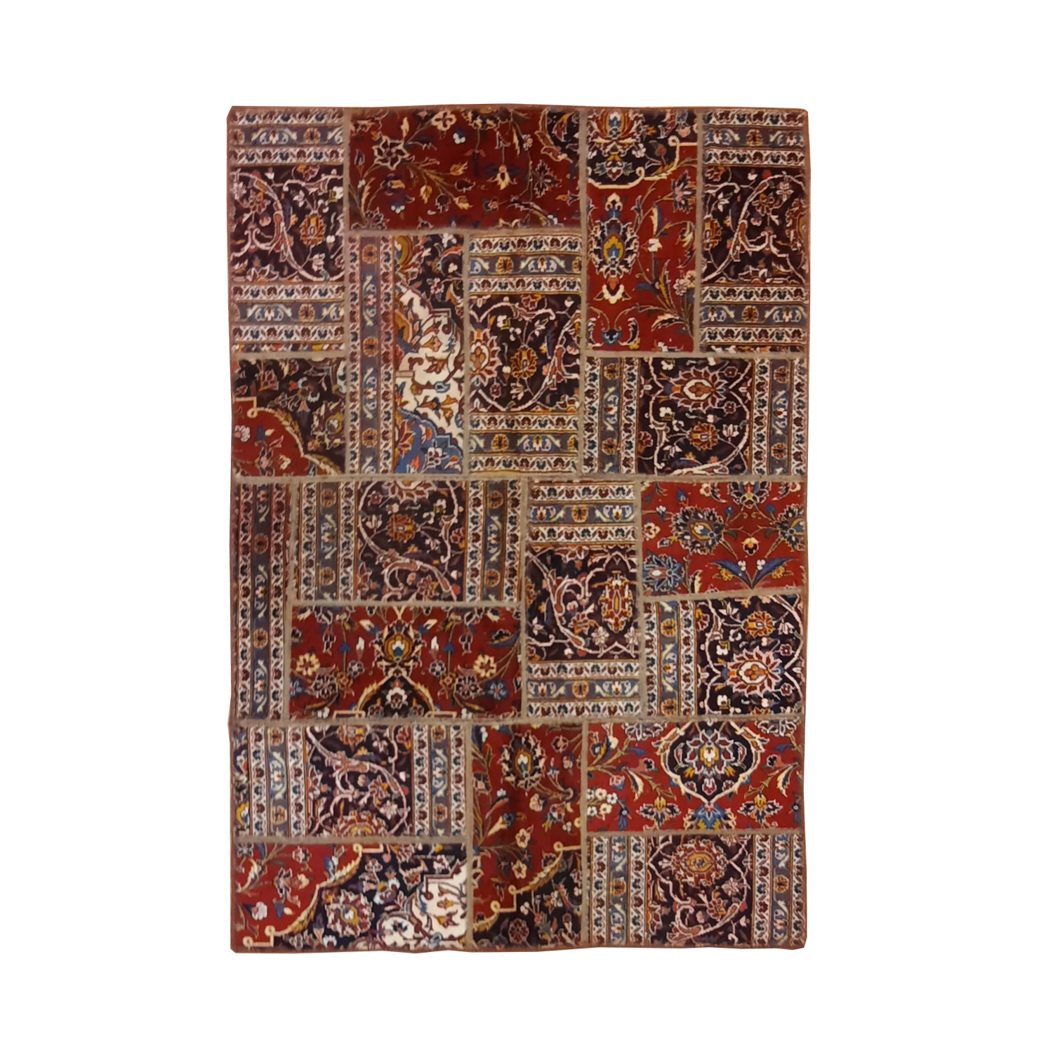 Vintage persischer handgeknüpfter Patchwork-Teppich kastanienbraun