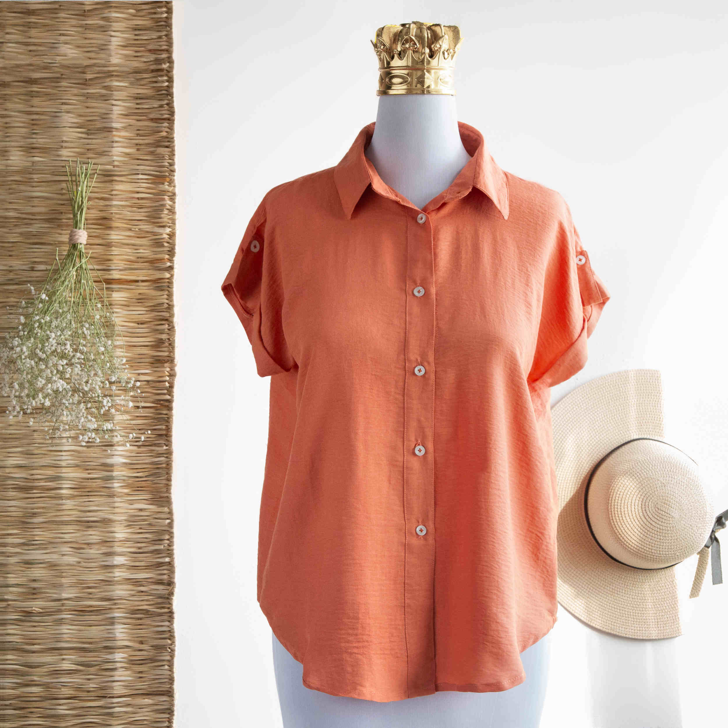 Damen Kurzarm Baumwollhemd Regular Fit in Orange