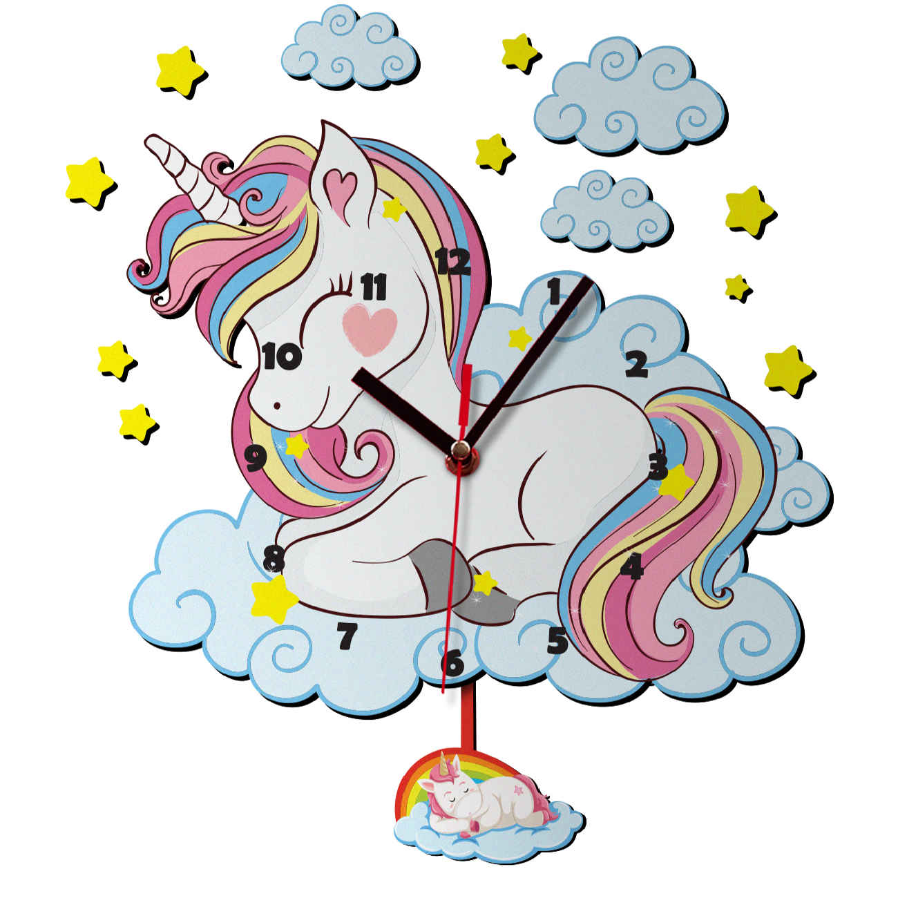 Holzwanduhr für das Kinderzimmer mit Einhorn-Design