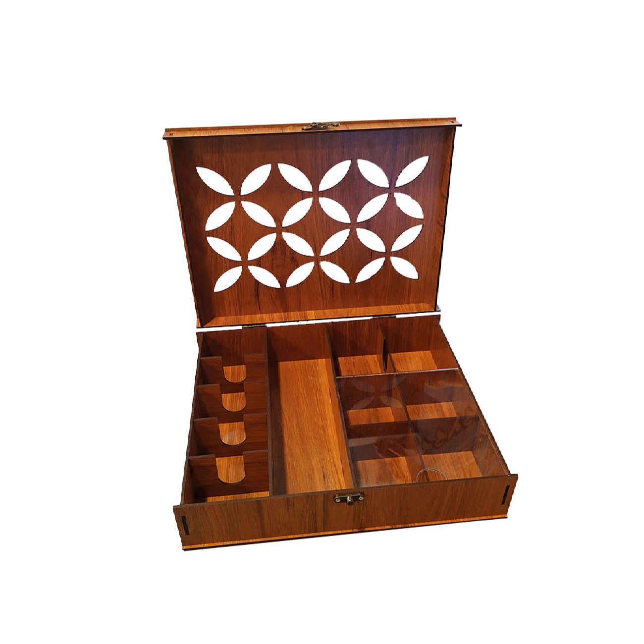 Holz-Teebox mit Fächern und geometrischem Muster