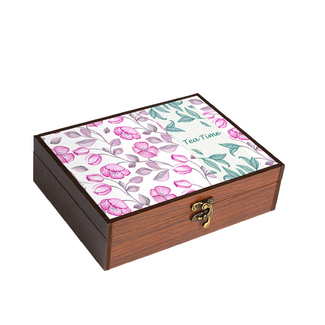 Holz-Teebox-Organizer mit Fächern und Blumen-Design