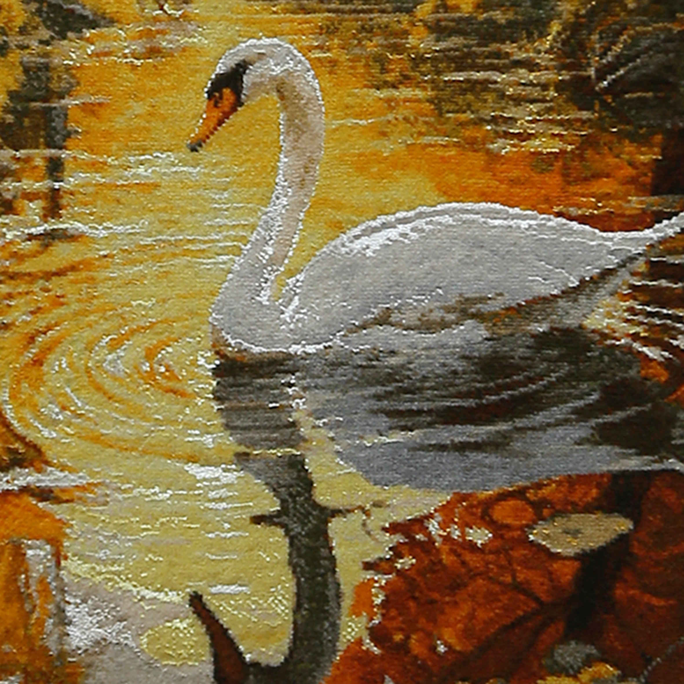 Handgeknüpfter persischer Bildteppich, der einen Schwan im Teich darstellt
